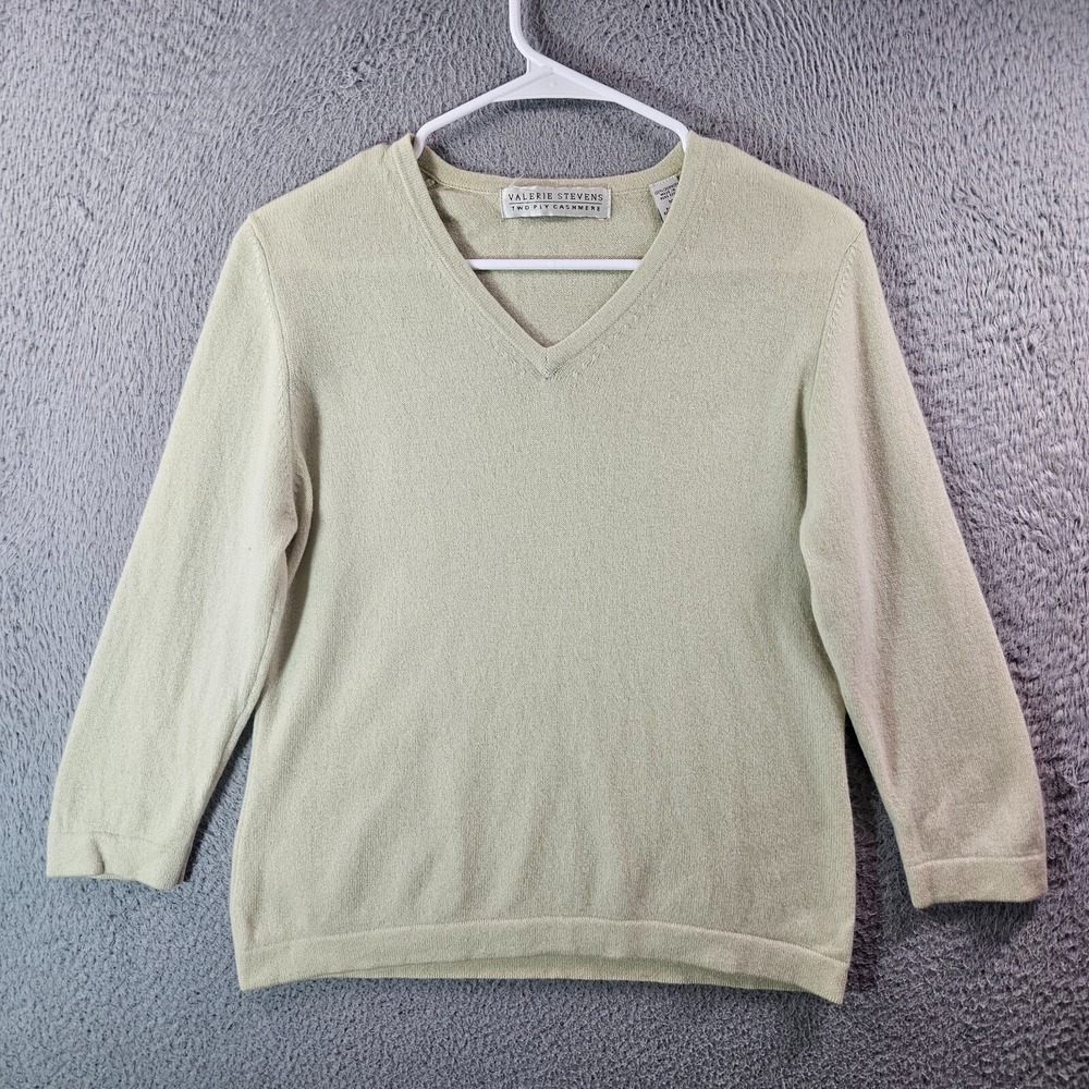 Valerie Stevens 100% Cashmere Sweater Women Medium 3/4 Sleeve Light Green